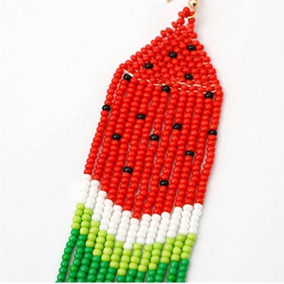 Watermelon Boho Seed Bead Tassel Dangling Statement French Wire Hook Earrings - Picture 3 of 8